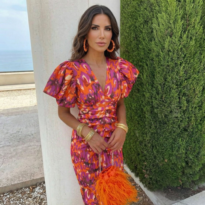 Florence | Floral Print A-Line Midi Dress with Puff Sleeves and