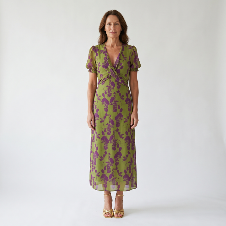 Florence | Floral Print A-Line Midi Dress with Puff Sleeves and