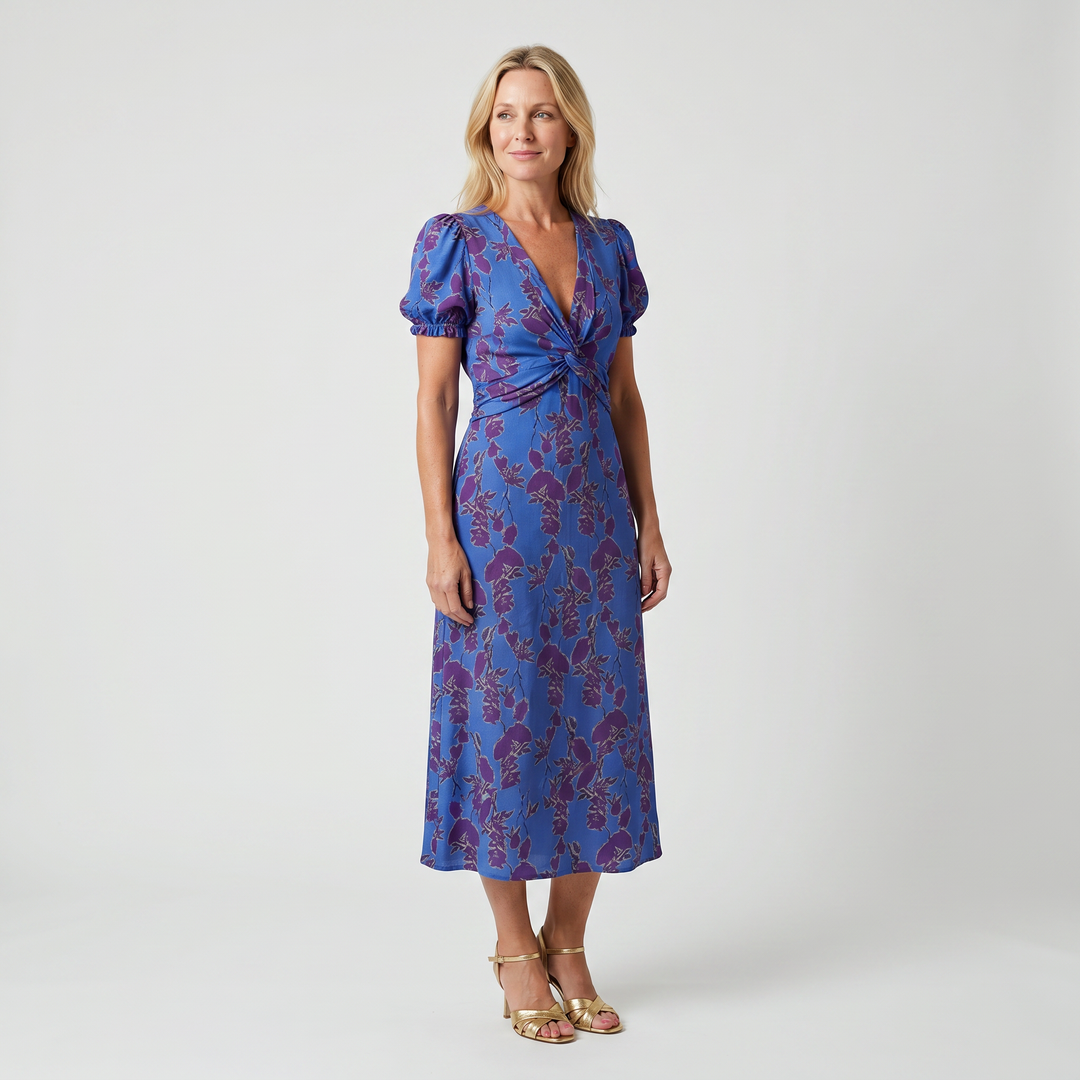 Florence | Floral Print A-Line Midi Dress with Puff Sleeves and