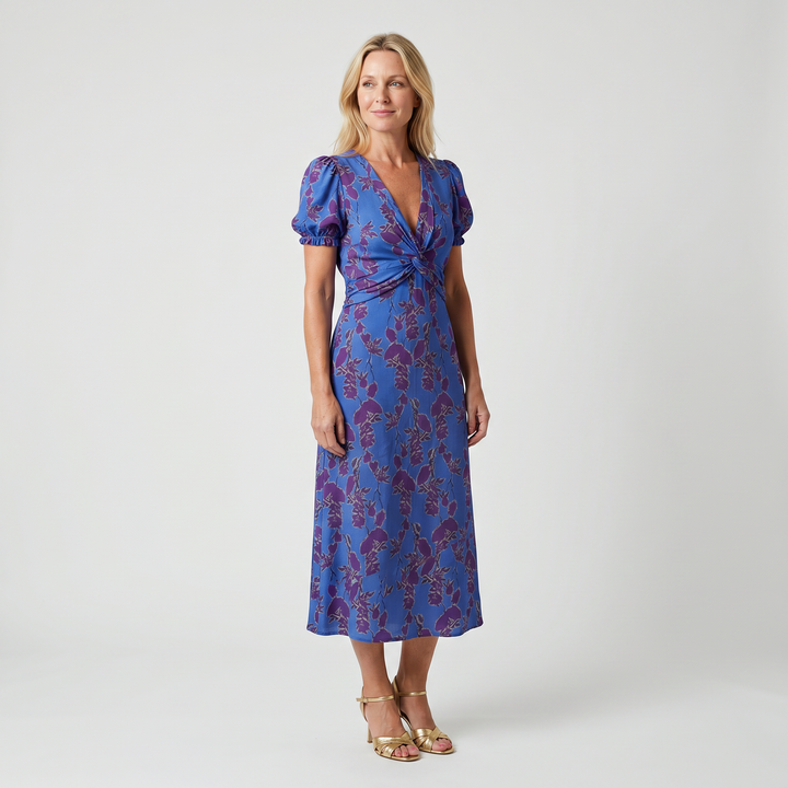 Florence | Floral Print A-Line Midi Dress with Puff Sleeves and