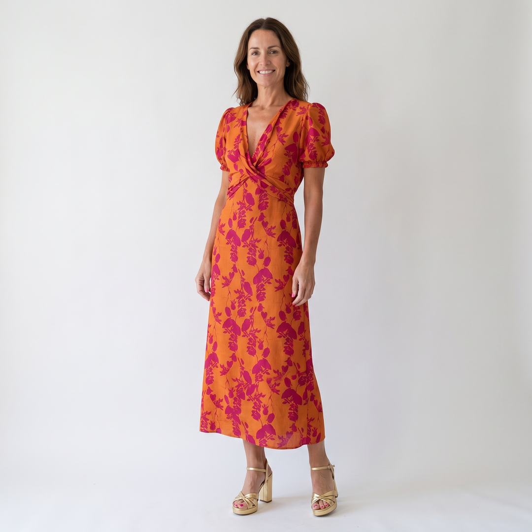 Florence | Floral Print A-Line Midi Dress with Puff Sleeves and