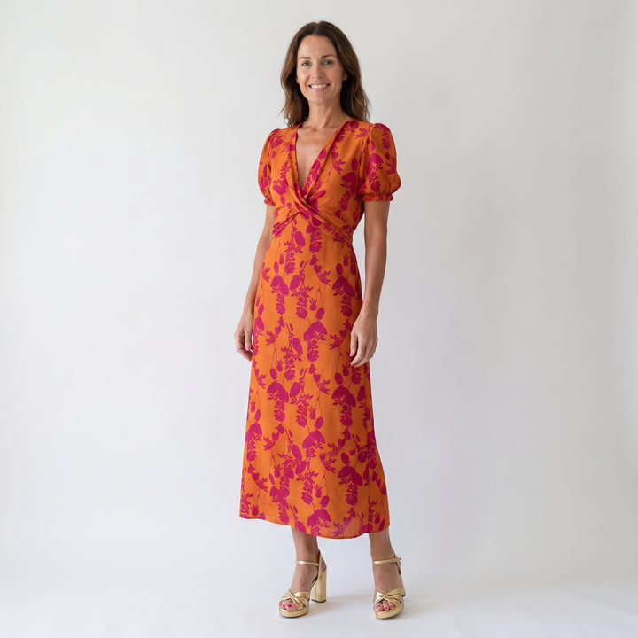 Florence | Floral Print A-Line Midi Dress with Puff Sleeves and