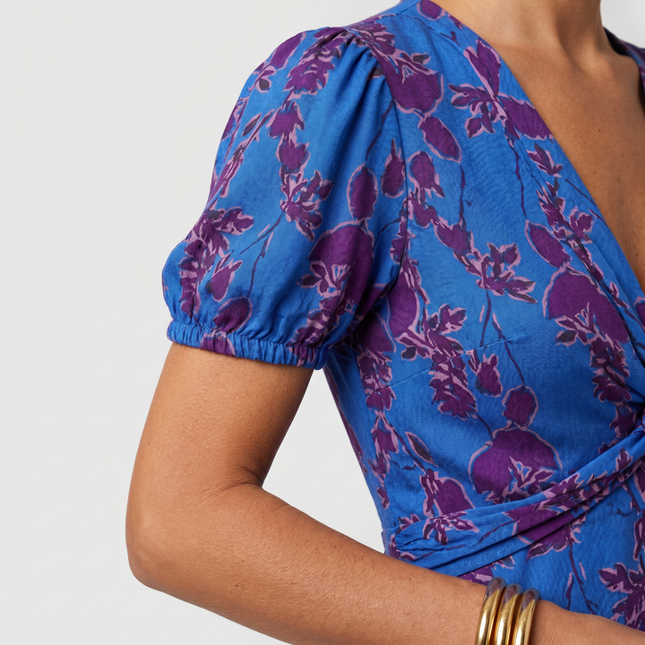 Florence | Floral Print A-Line Midi Dress with Puff Sleeves and