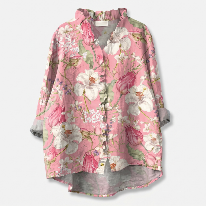 Anya | Floral Print Blouse – Ruffled Stand Collar with V-Neckline