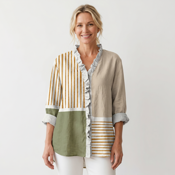 Anya | Floral Print Blouse – Ruffled Stand Collar with V-Neckline
