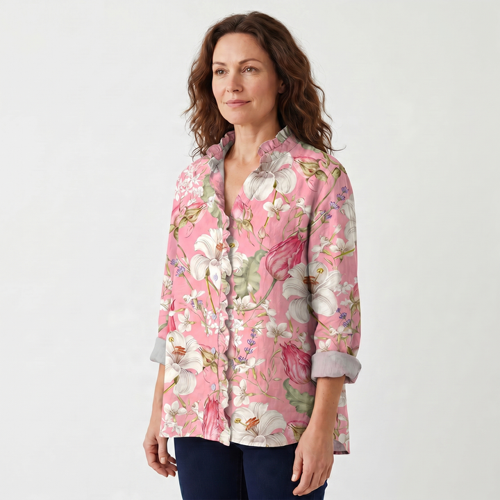 Anya | Floral Print Blouse – Ruffled Stand Collar with V-Neckline