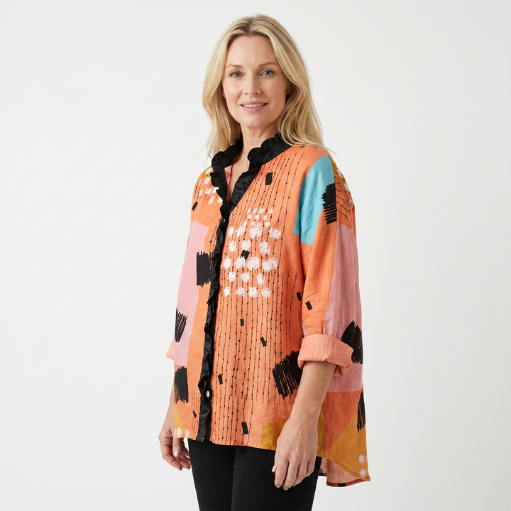 Anya | Floral Print Blouse – Ruffled Stand Collar with V-Neckline