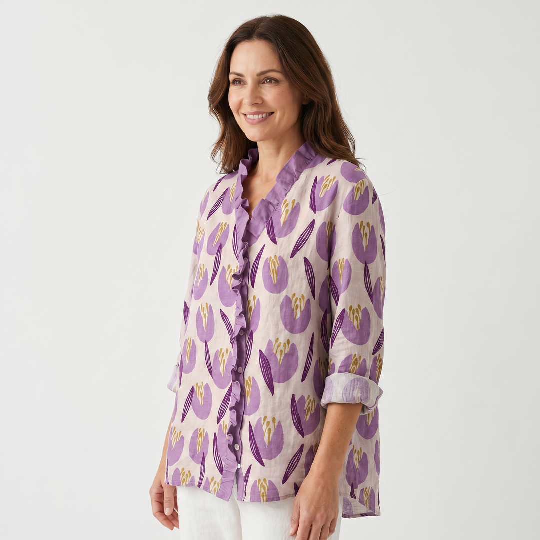 Anya | Floral Print Blouse – Ruffled Stand Collar with V-Neckline