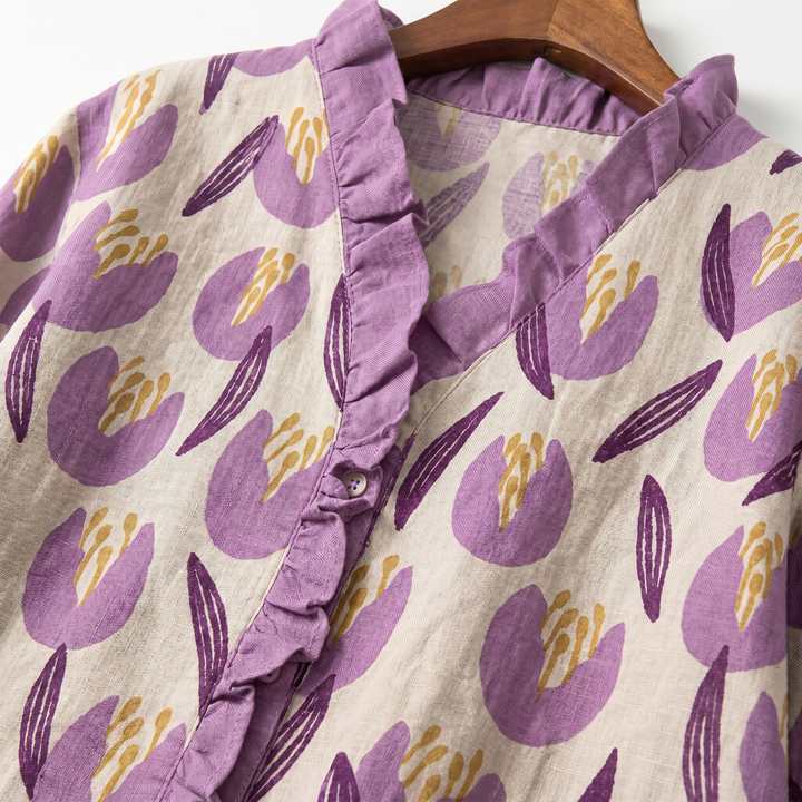 Anya | Floral Print Blouse – Ruffled Stand Collar with V-Neckline