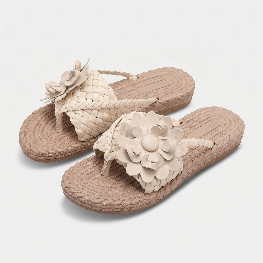 Olivia | Flat Thong Sandals – Woven Strap with Floral Embellishment