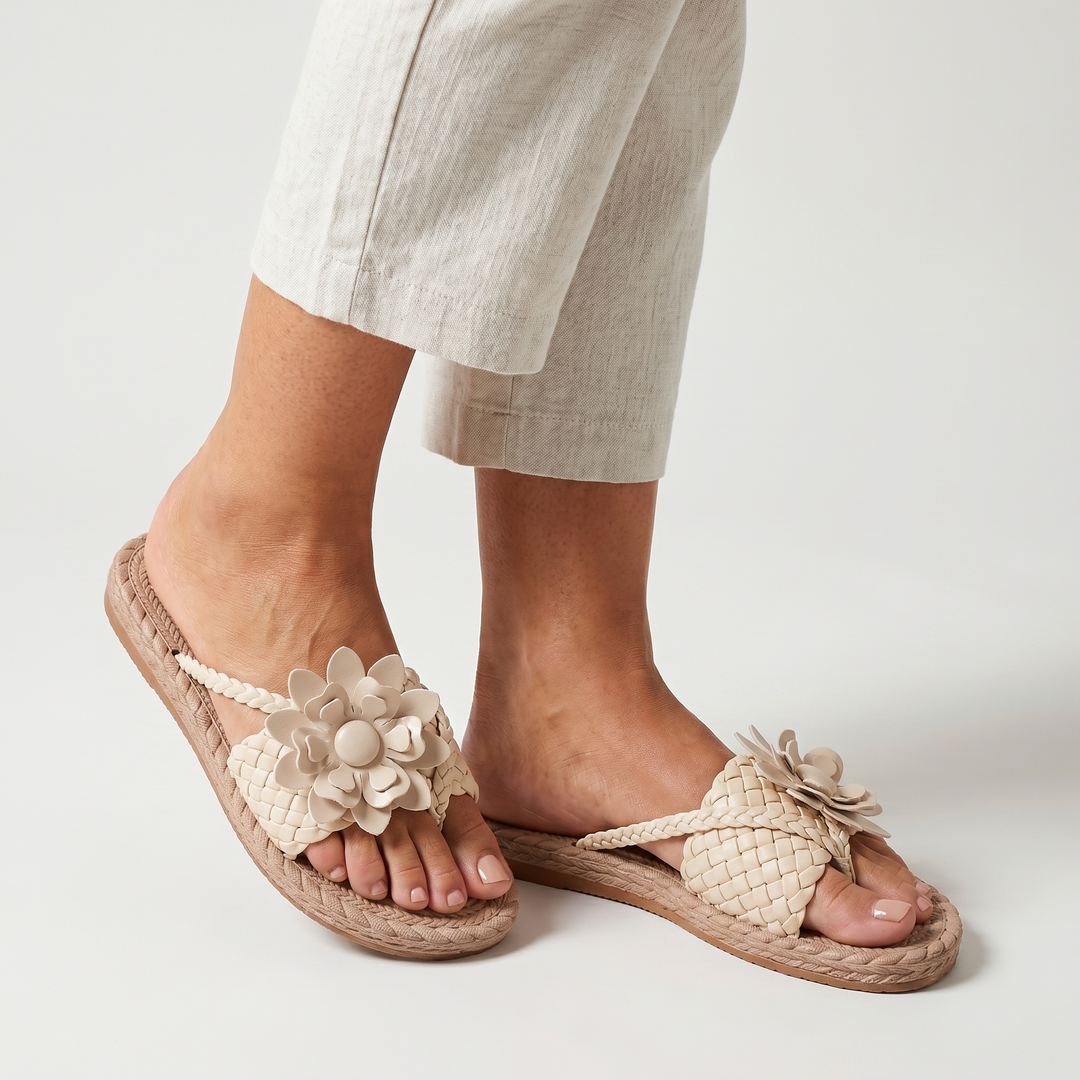 Olivia | Flat Thong Sandals – Woven Strap with Floral Embellishment