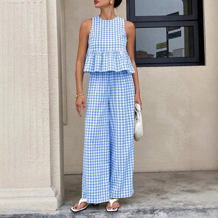Ivy | Gingham Sleeveless Peplum Top and Wide-Leg Pants Set