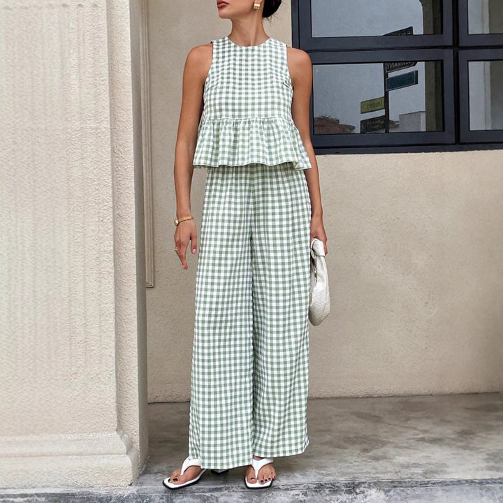 Ivy | Gingham Sleeveless Peplum Top and Wide-Leg Pants Set