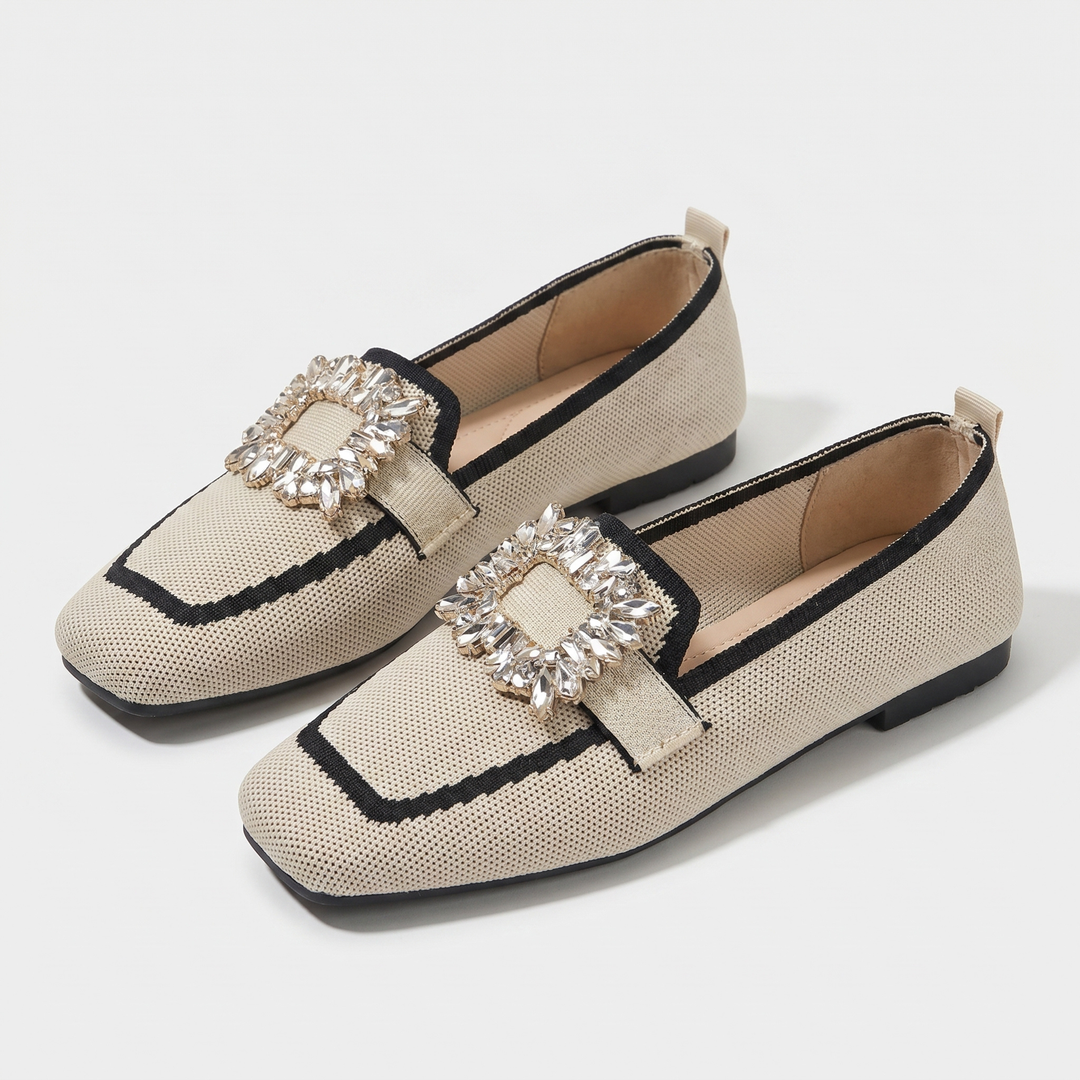 Rose | Knit Loafers – Square Toe Rhinestone Buckle