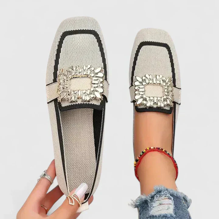 Rose | Knit Loafers – Square Toe Rhinestone Buckle