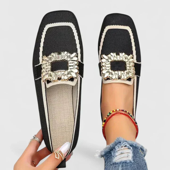 Rose | Knit Loafers – Square Toe Rhinestone Buckle