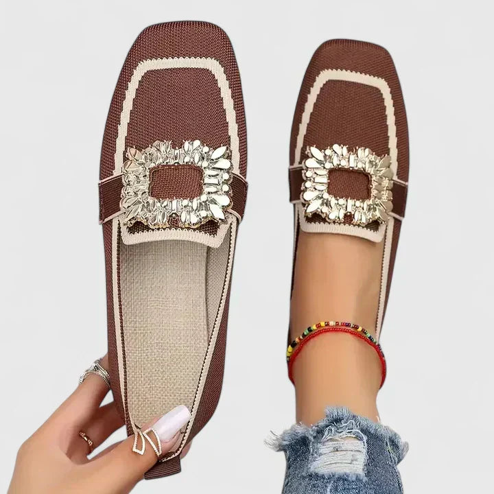 Rose | Knit Loafers – Square Toe Rhinestone Buckle