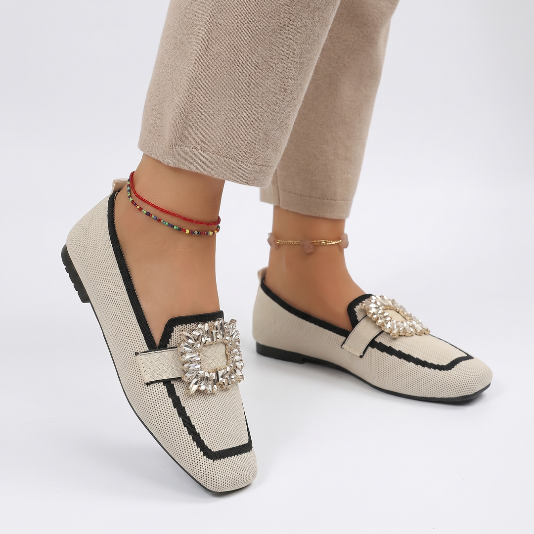 Rose | Knit Loafers – Square Toe Rhinestone Buckle