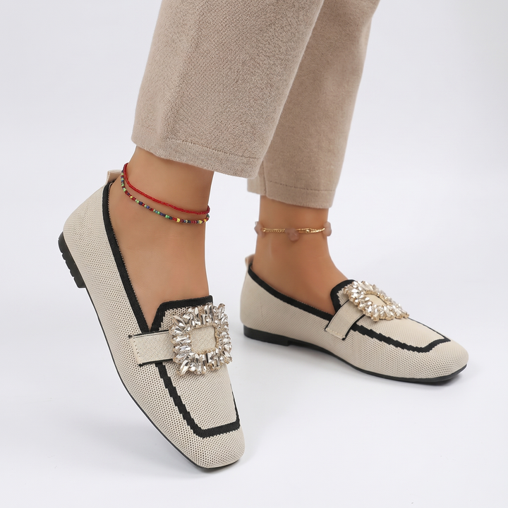 Rose | Knit Loafers – Square Toe Rhinestone Buckle
