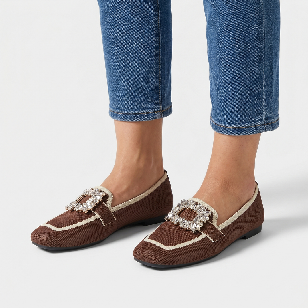 Rose | Knit Loafers – Square Toe Rhinestone Buckle