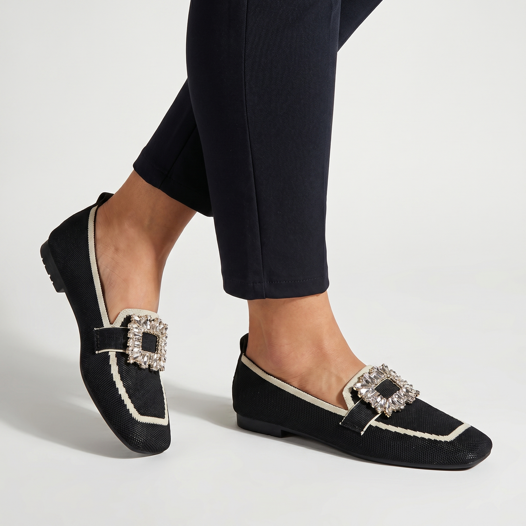 Rose | Knit Loafers – Square Toe Rhinestone Buckle