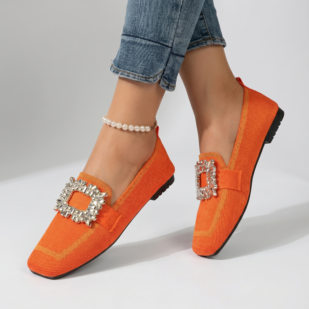 Rose | Knit Loafers – Square Toe Rhinestone Buckle