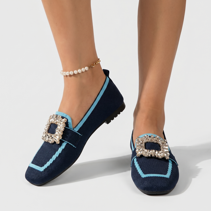 Rose | Knit Loafers – Square Toe Rhinestone Buckle