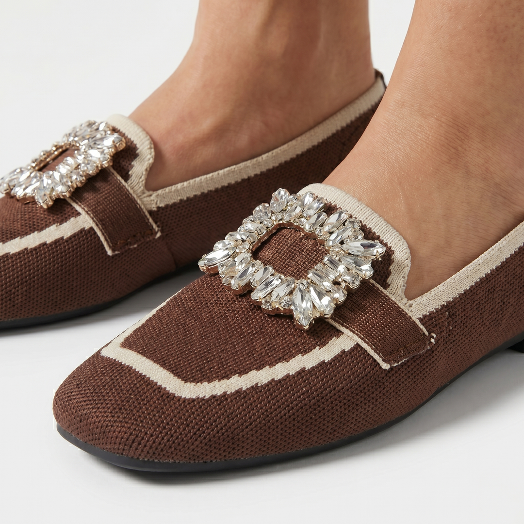 Rose | Knit Loafers – Square Toe Rhinestone Buckle