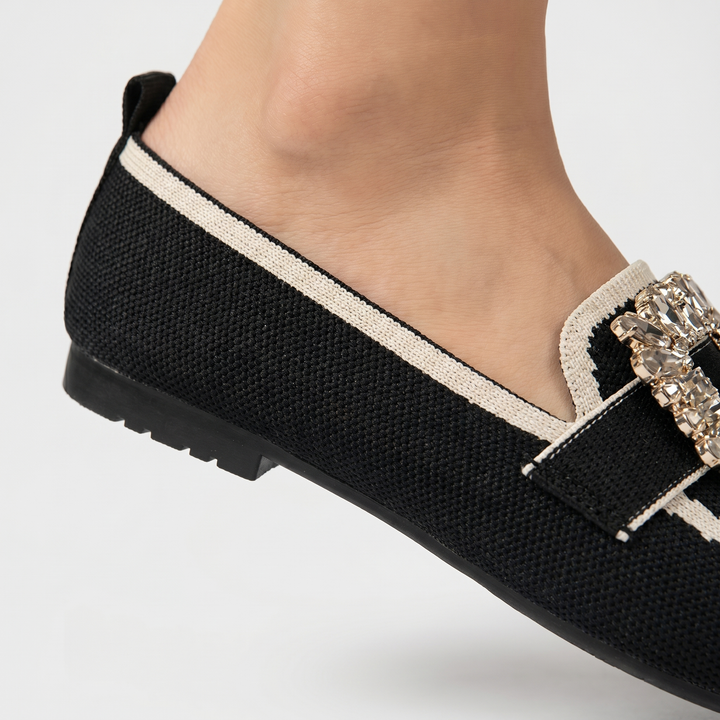 Rose | Knit Loafers – Square Toe Rhinestone Buckle