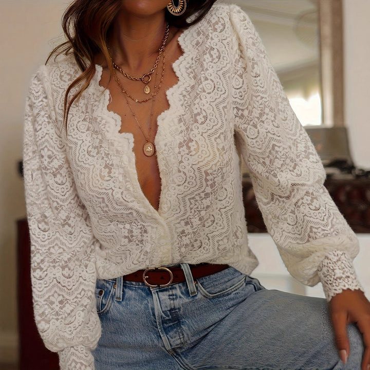 Ava | Lace Top – Scallop V-neck, Balloon Sleeves