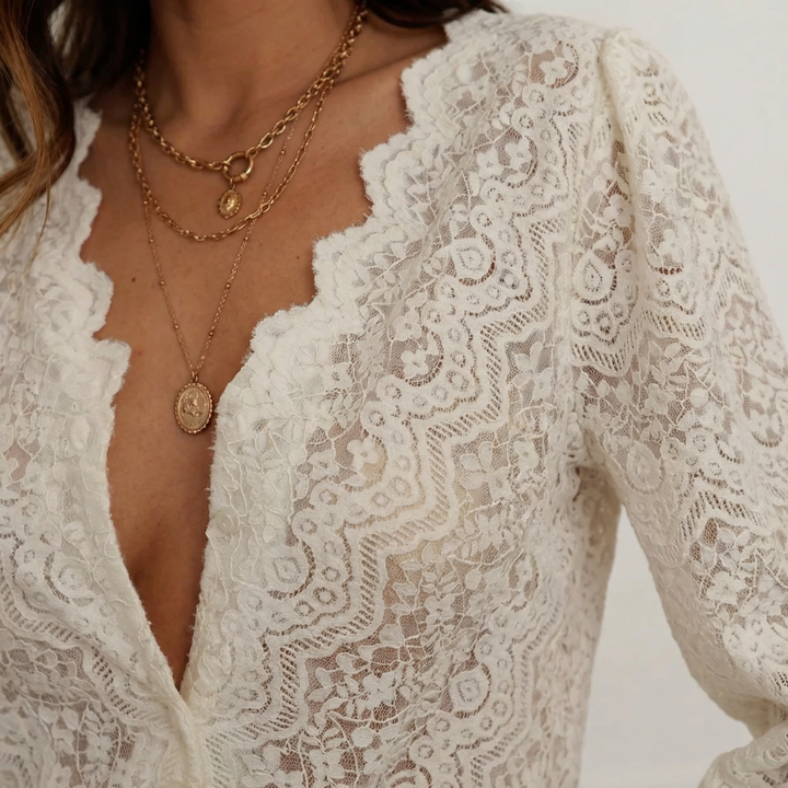 Ava | Lace Top – Scallop V-neck, Balloon Sleeves