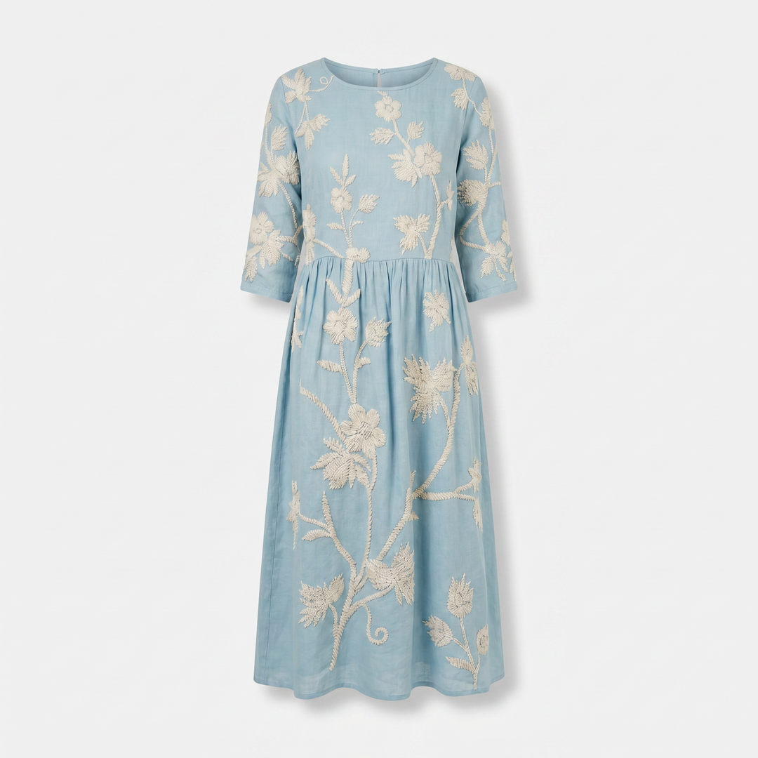 Alessia | Floral Midi Dress – Round Neck, 3/4 Sleeve, Gathered Waist