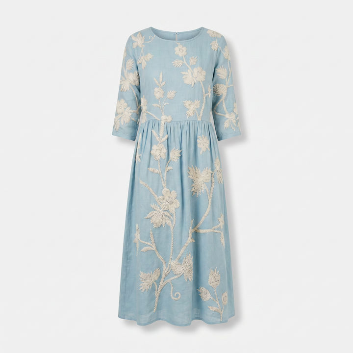 Alessia | Floral Midi Dress – Round Neck, 3/4 Sleeve, Gathered Waist