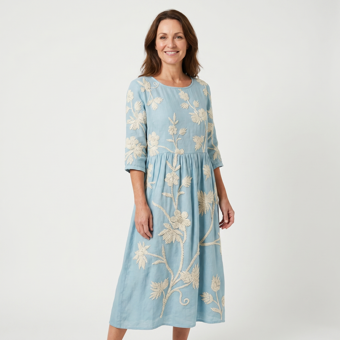 Alessia | Floral Midi Dress – Round Neck, 3/4 Sleeve, Gathered Waist