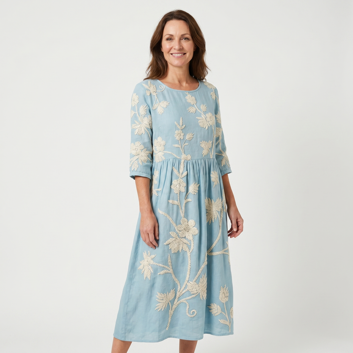 Alessia | Floral Midi Dress – Round Neck, 3/4 Sleeve, Gathered Waist