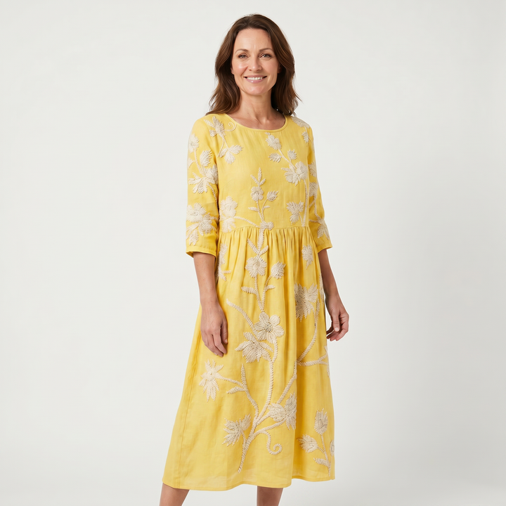 Alessia | Floral Midi Dress – Round Neck, 3/4 Sleeve, Gathered Waist