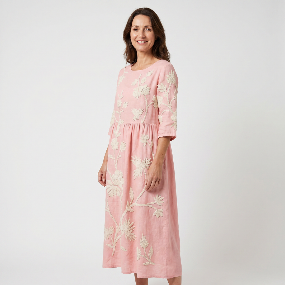Alessia | Floral Midi Dress – Round Neck, 3/4 Sleeve, Gathered Waist