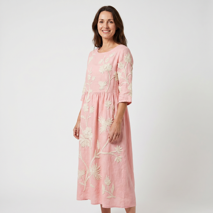 Alessia | Floral Midi Dress – Round Neck, 3/4 Sleeve, Gathered Waist