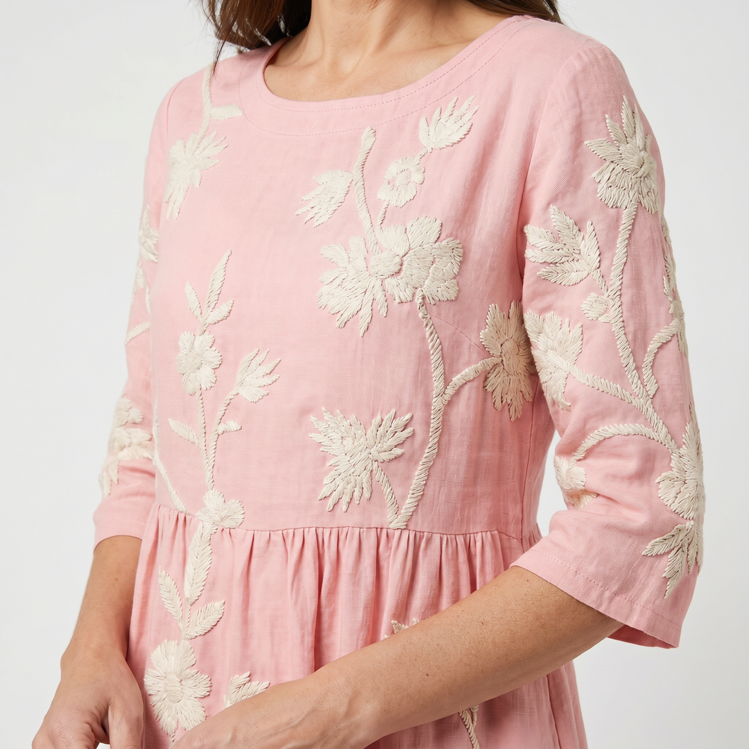 Alessia | Floral Midi Dress – Round Neck, 3/4 Sleeve, Gathered Waist