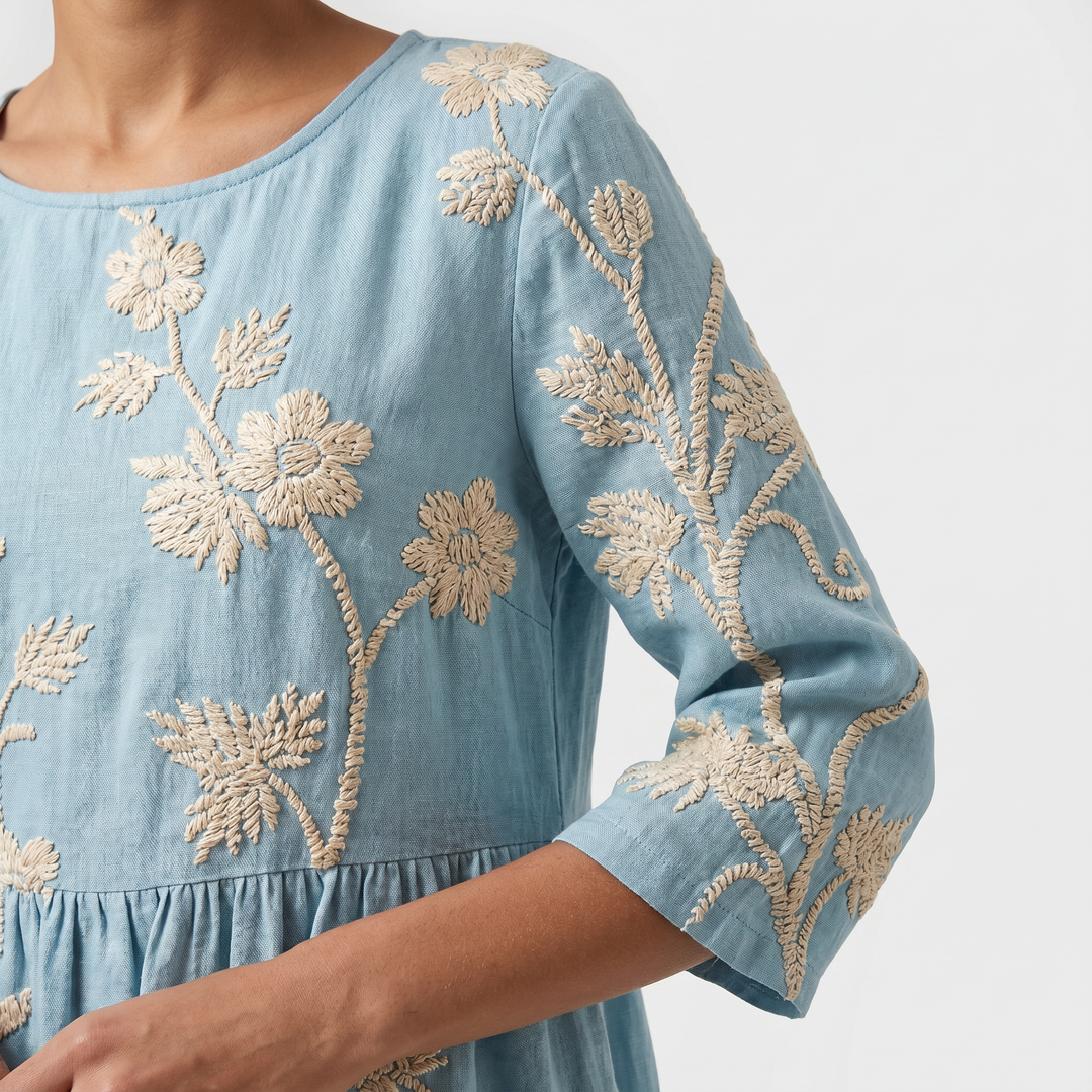 Alessia | Floral Midi Dress – Round Neck, 3/4 Sleeve, Gathered Waist