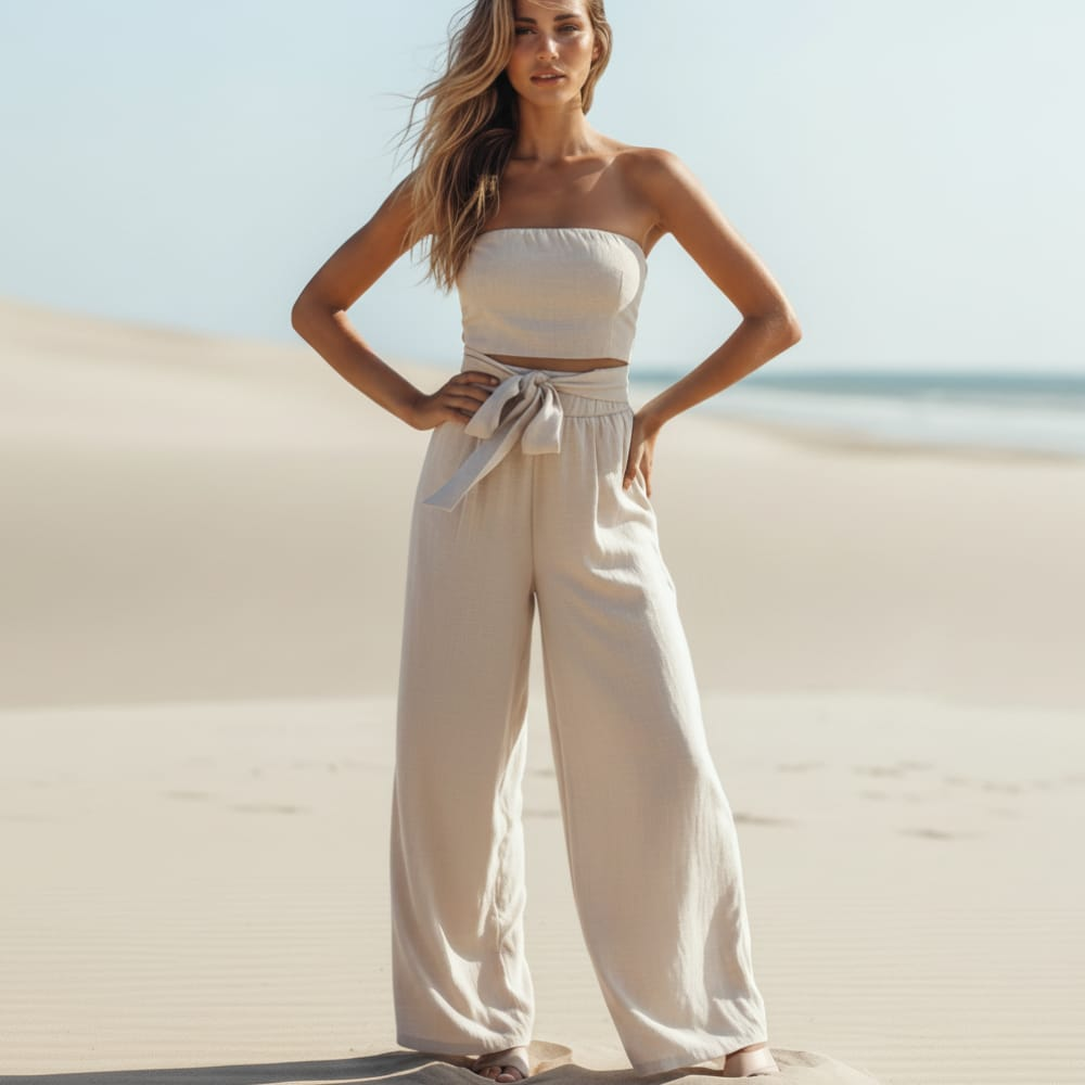 Isla | Bohemian Romper Jumpsuit – Strapless Neckline, Cutout Waist, Wide Leg