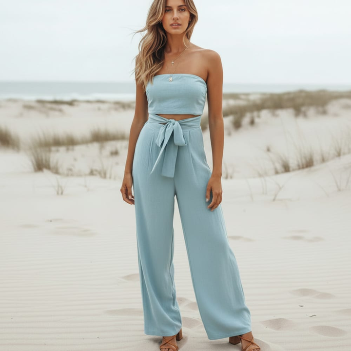 Isla | Bohemian Romper Jumpsuit – Strapless Neckline, Cutout Waist, Wide Leg