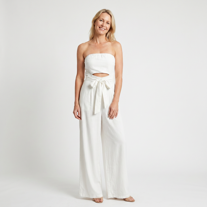 Isla | Bohemian Romper Jumpsuit – Strapless Neckline, Cutout Waist, Wide Leg