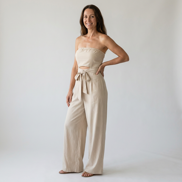 Isla | Bohemian Romper Jumpsuit – Strapless Neckline, Cutout Waist, Wide Leg