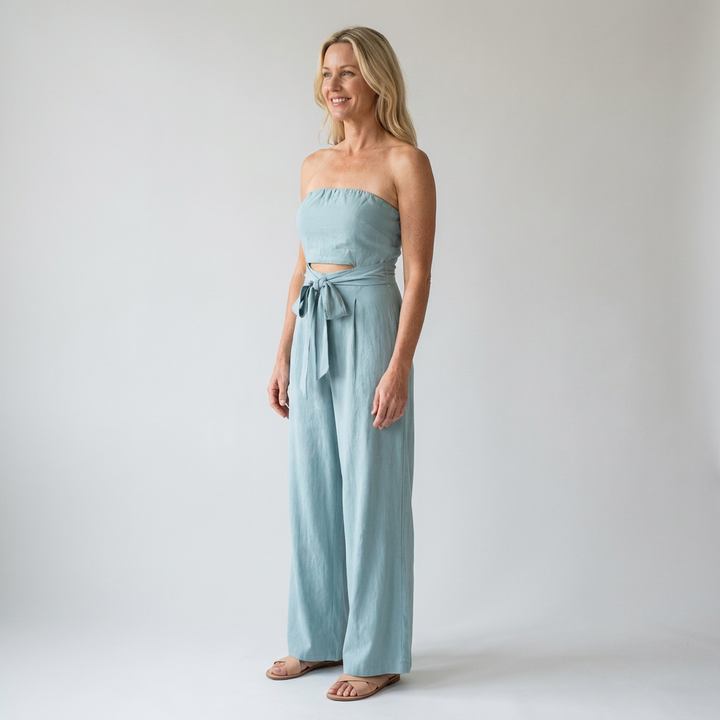 Isla | Bohemian Romper Jumpsuit – Strapless Neckline, Cutout Waist, Wide Leg
