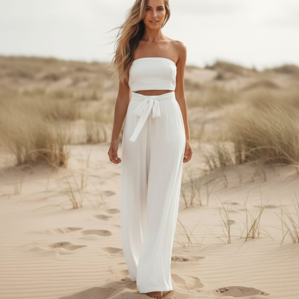 Isla | Bohemian Romper Jumpsuit – Strapless Neckline, Cutout Waist, Wide Leg