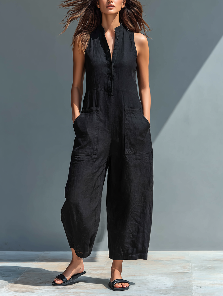Elena | Linen Sleeveless Jumpsuit with Band Collar