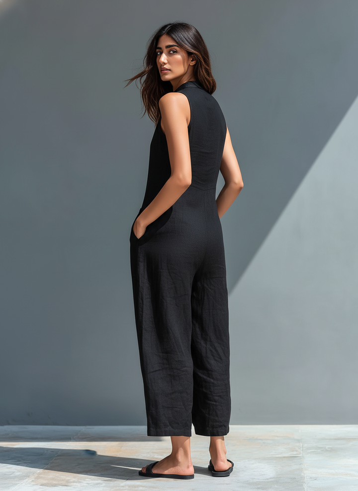 Elena | Linen Sleeveless Jumpsuit with Band Collar
