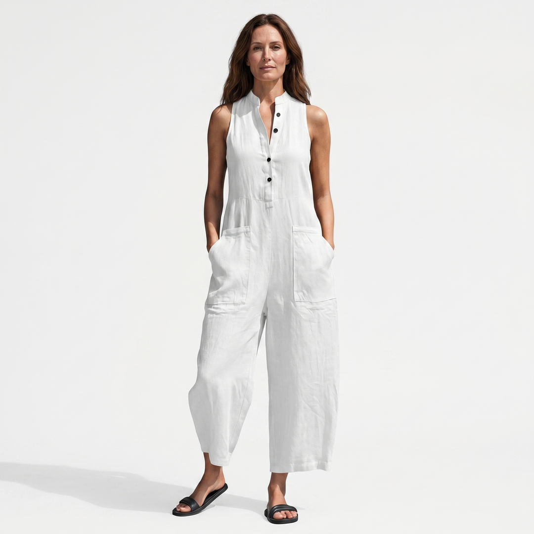 Elena | Linen Sleeveless Jumpsuit with Band Collar