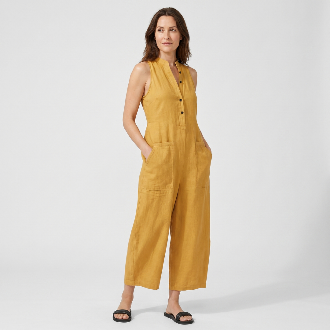 Elena | Linen Sleeveless Jumpsuit with Band Collar